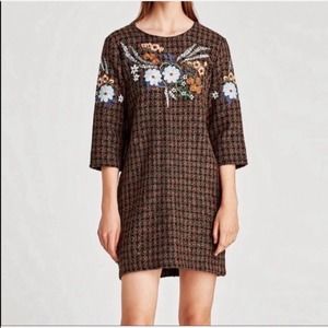 Zara Tweed Floral Embroidered Shift Dress